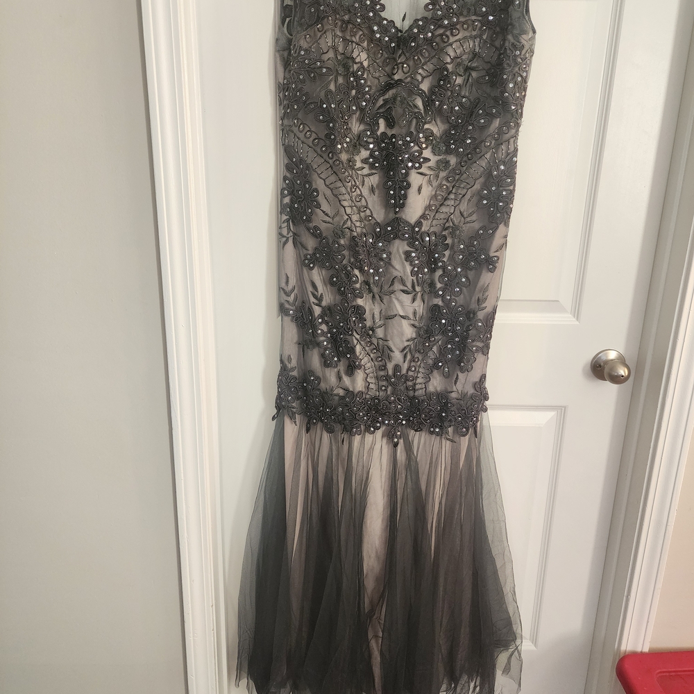 Cachet Black and Gray Beaded Prom Dress